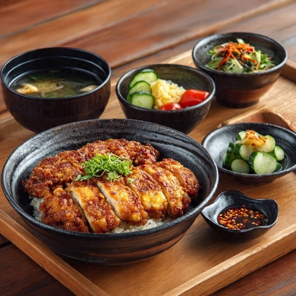 Chicken Katsudon(Veg. Soute, Miso Soup, Sunomono)
