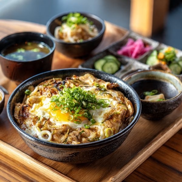 Oyakodon(Veg. Soute, Miso Soup, Sunomono)